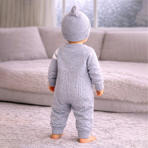 Grey White Stripes Full Sleeves Jumpsuit Winter Romper with Cap for Tiny Toddlers - 3 - 6 Months Winter Wear