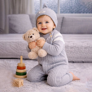 Grey White Stripes Full Sleeves Jumpsuit Winter Romper with Cap for Tiny Toddlers - 3 - 6 Months Winter Wear