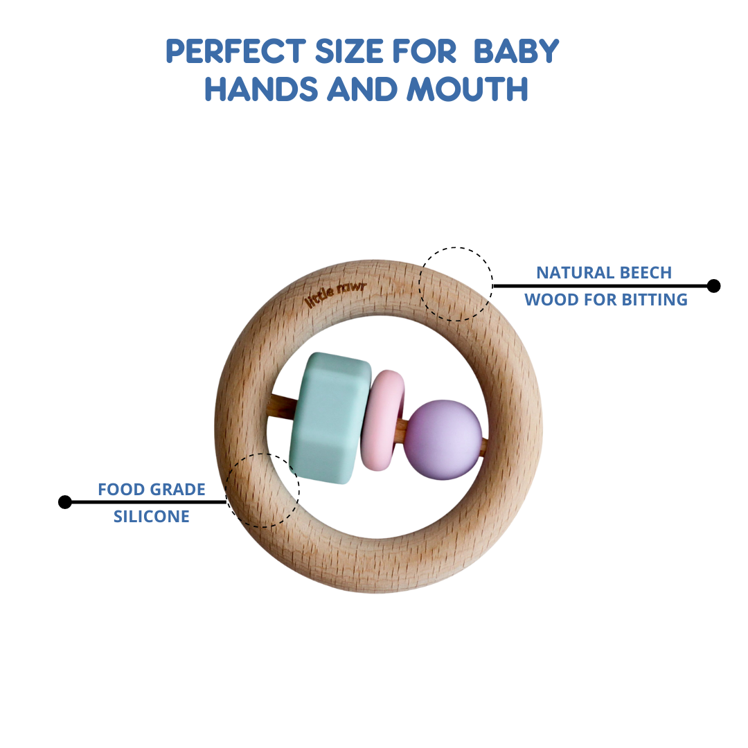 Little Rawr Wood + Silicone Bead O Shape Teether Toy