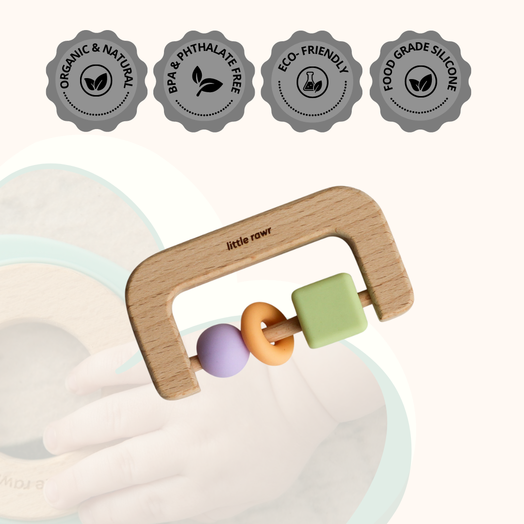 Little Rawr Wood + Silicone Bead D Shape Teether Toy