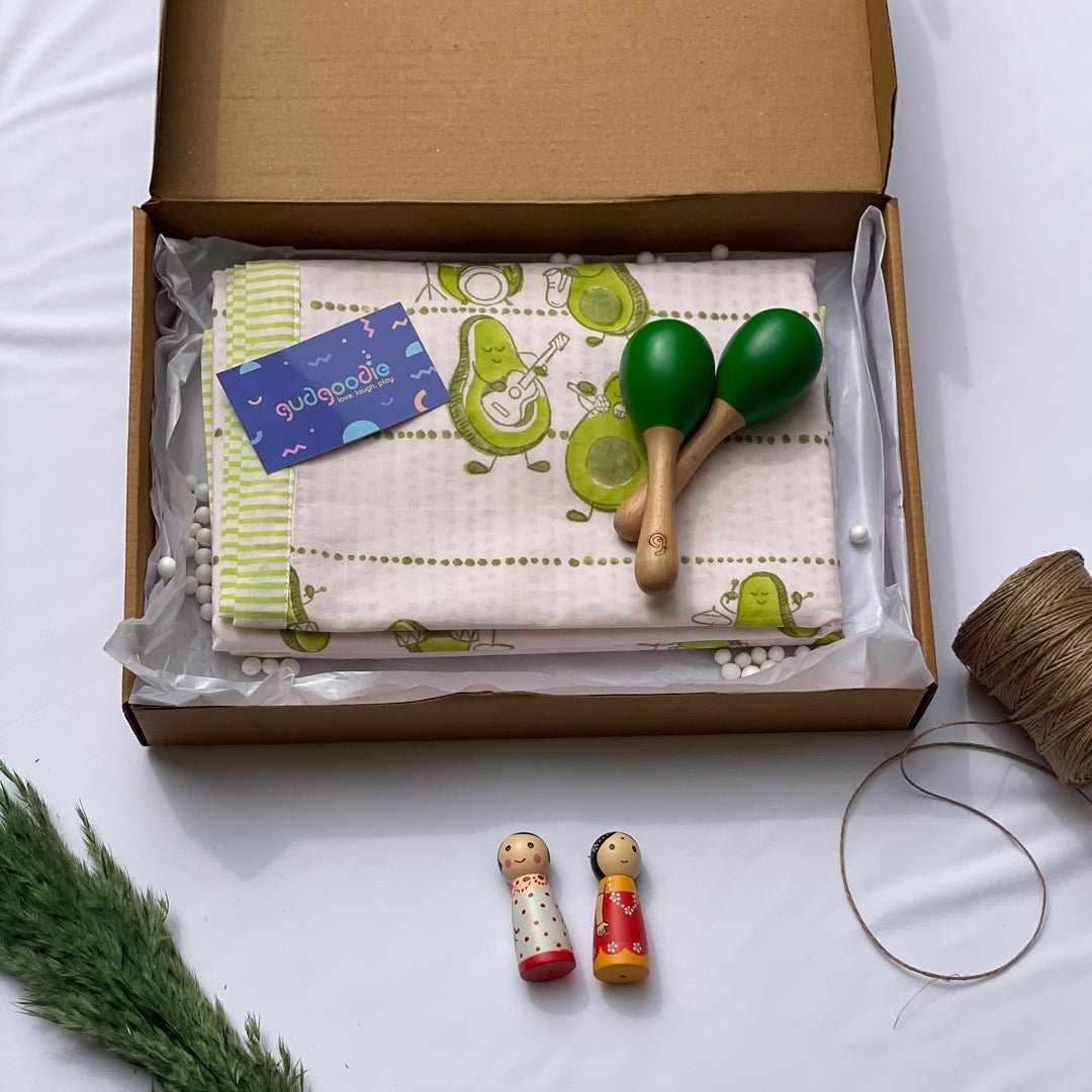 Gudgoodie Baby Gift Set Muslin Dohar and Maracas Set - Avocados - GFDH002T13