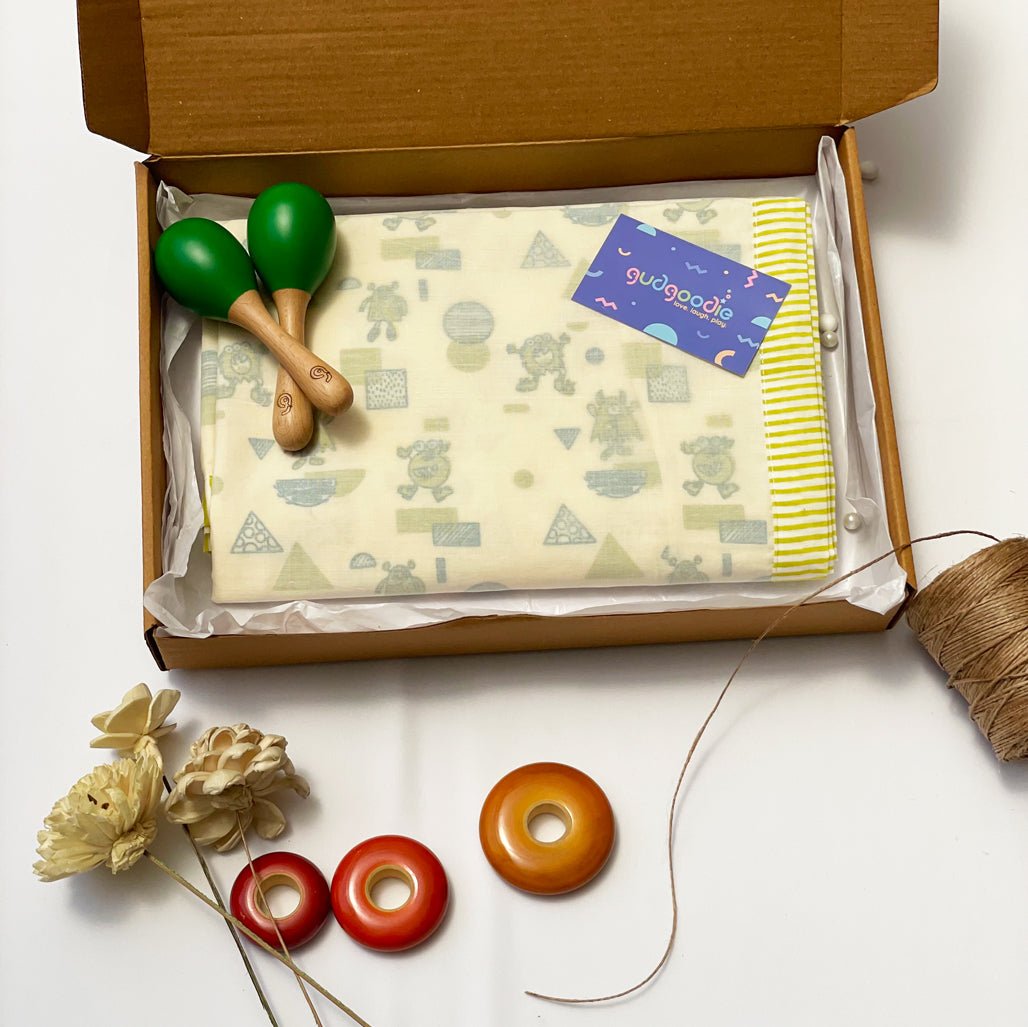 Gudgoodie Baby Gift Set Muslin Dohar & Maracas - Mischievous Monsters - GFDH026T13