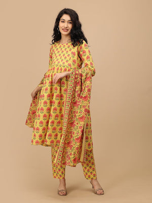 Side view of yellow floral Gulmohar Grace maternity nursing kurta set from The Mom Store