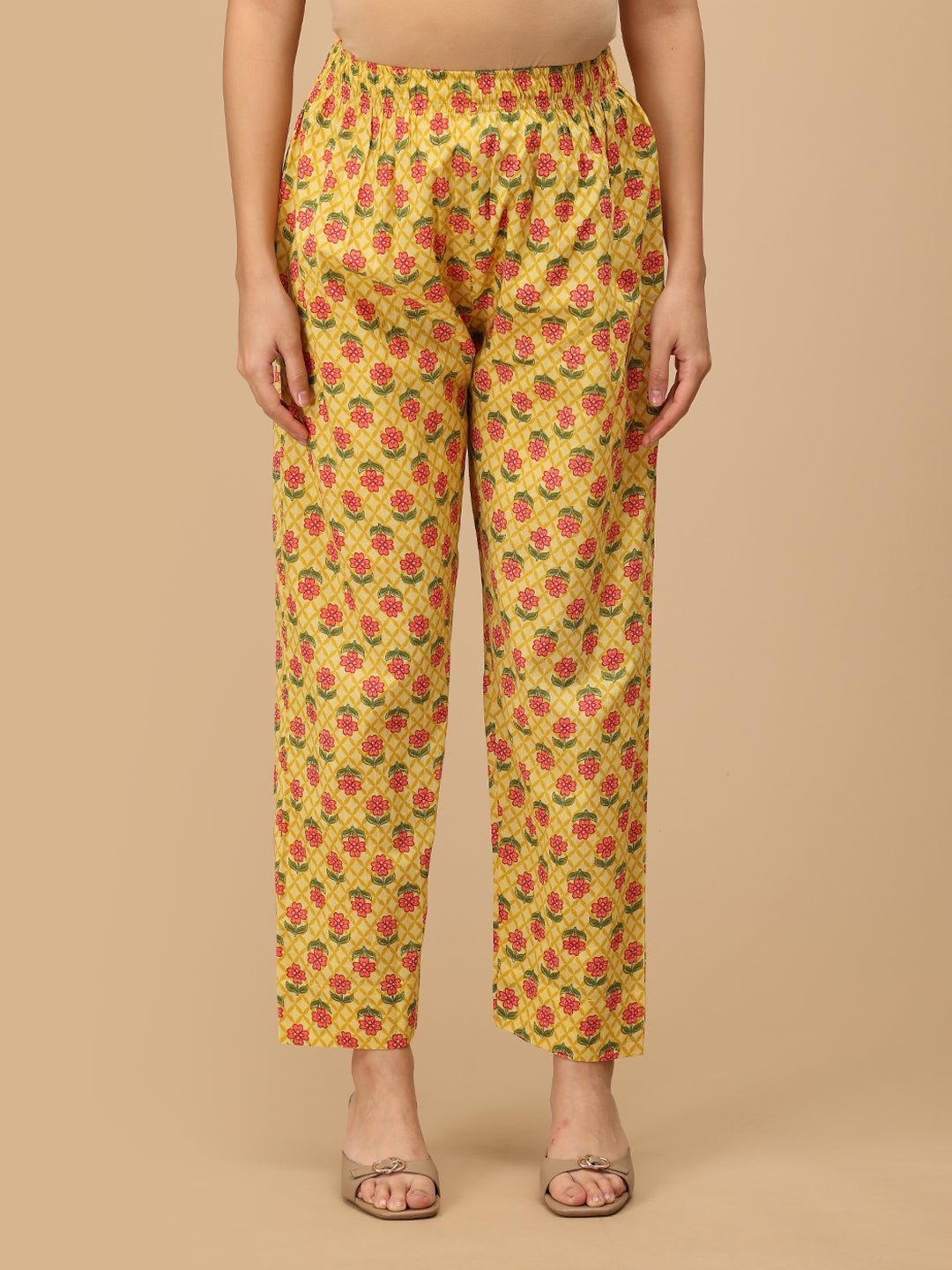 Comfort-fit floral maternity pants in yellow from The Mom Store, front view