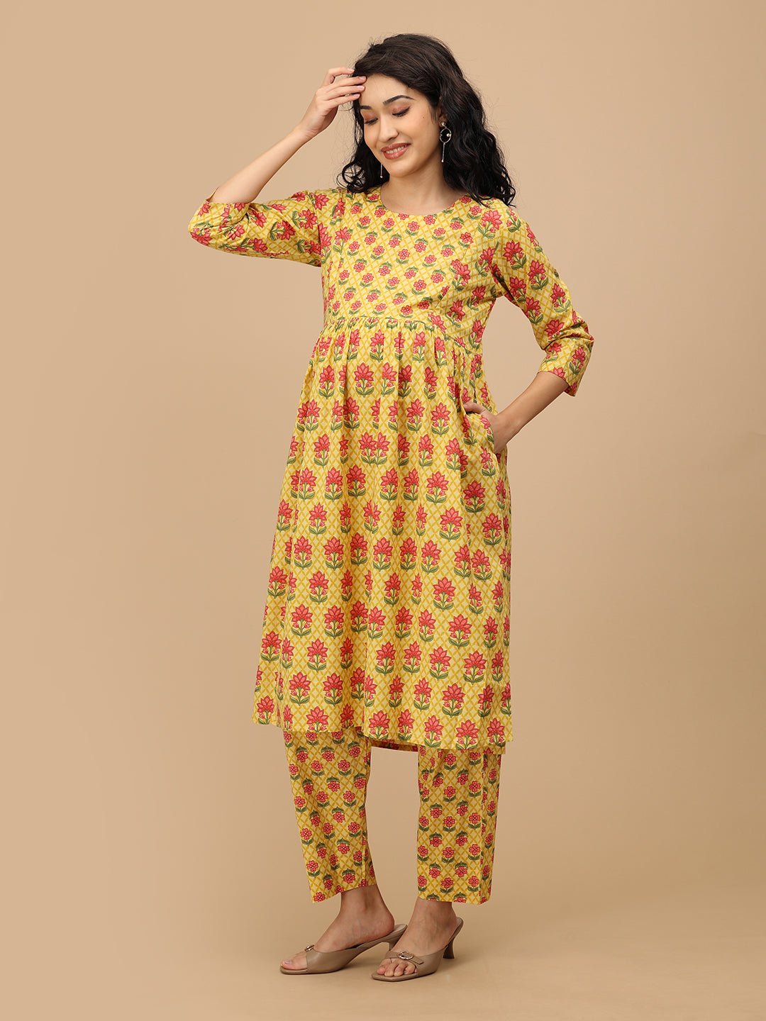 Full front view of Gulmohar Grace maternity nursing kurta set from The Mom Store