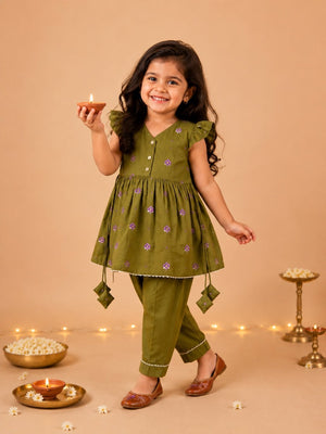 Gungun Girls Embroidered Kurta Set with Tropical Tweet Boys Embroidered Kurta Pajama Set- Ethnic Combo - Twinning Combo