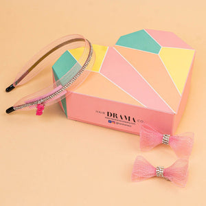 Hair Drama Co Barbie Crystal Net Gift Box with 1 Hair Bands & 2 Hair Bows - Pink - MSETK0026