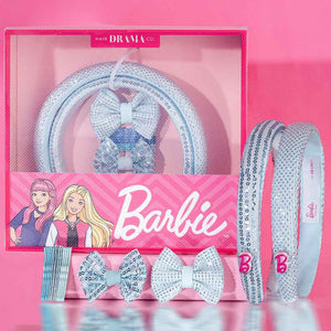 Hair Drama Co Barbie Kids Glam Gift Box with 2 Puff Hair Bands with Barbie Charm, 2 Hair Bows & 12 Hair Pins - MSET0019