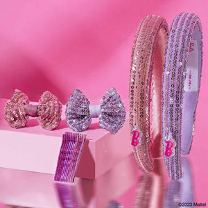 Hair Drama Co Barbie Kids Sequins Gift Box with 2 Puff Hair Bands with Barbie Charm, 2 Hair Bows & 12 Hair Pins - MSET0017