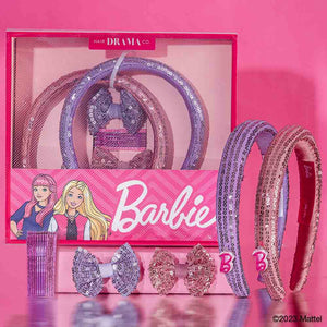 Hair Drama Co Barbie Kids Sequins Gift Box with 2 Puff Hair Bands with Barbie Charm, 2 Hair Bows & 12 Hair Pins - MSET0017