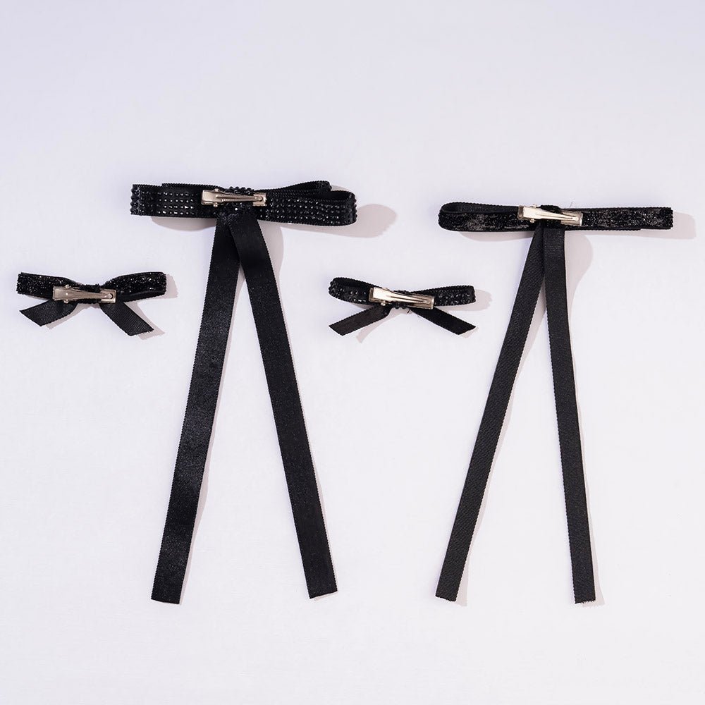 Hair Drama Co Black Satin Ribbon Crystal & Glitter Hair Bows - Set Of 4 - CLP - 0258