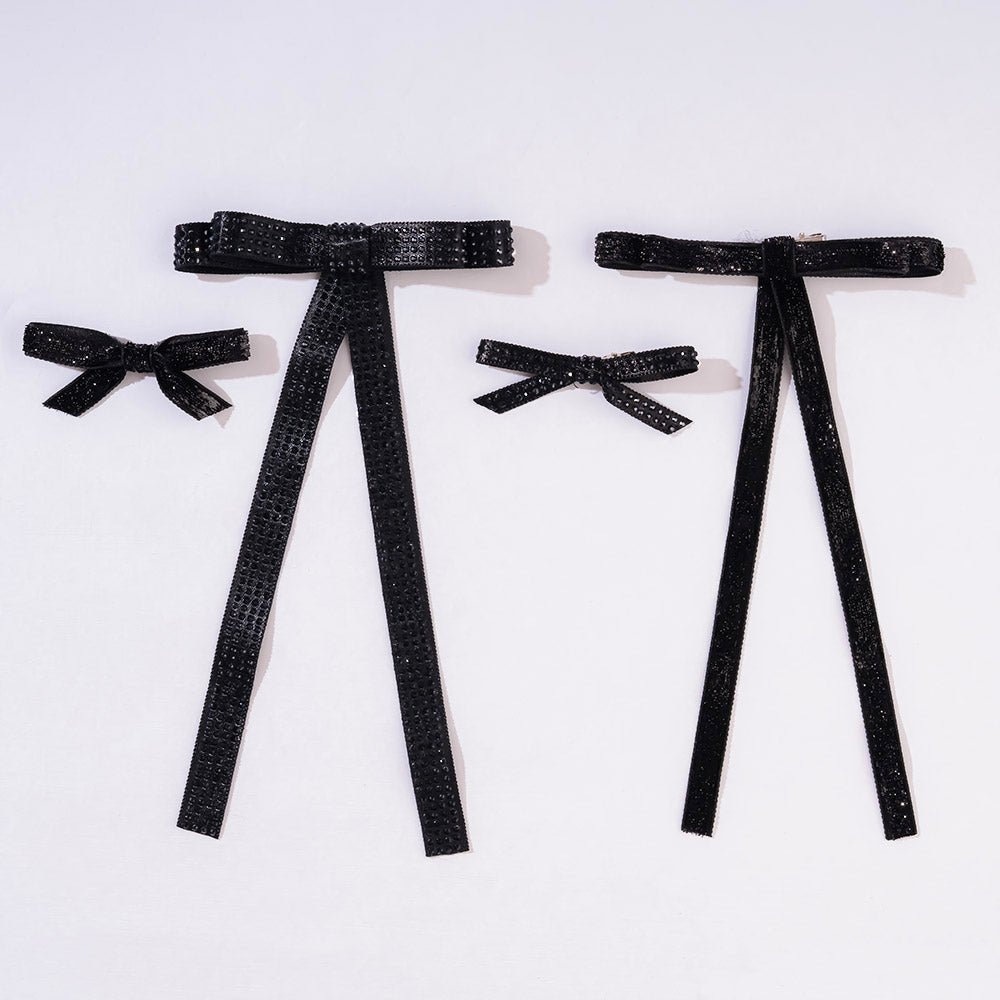 Hair Drama Co Black Satin Ribbon Crystal & Glitter Hair Bows - Set Of 4 - CLP - 0258