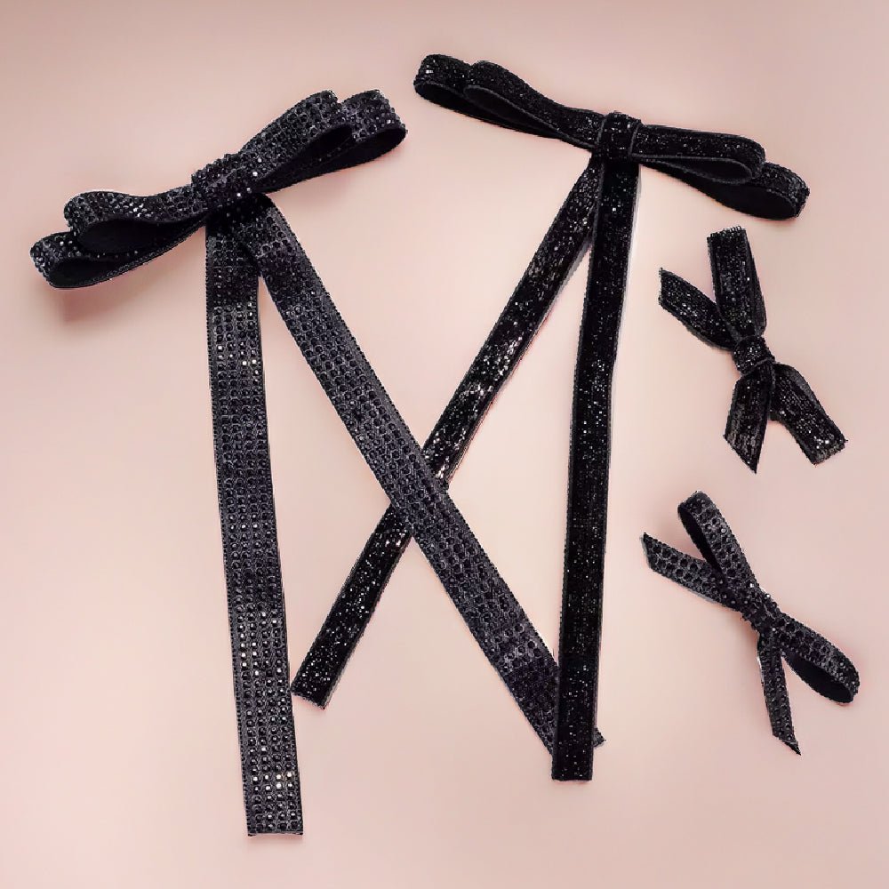 Hair Drama Co Black Satin Ribbon Crystal & Glitter Hair Bows - Set Of 4 - CLP - 0258