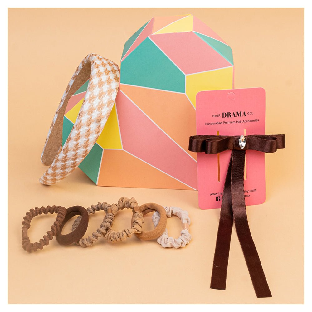 Hair Drama Co Dreamy Gift Box with 1 Hair Band, 1 Ribbon Hair Bow & 6 Hair Ties - Brown - SET - 0280