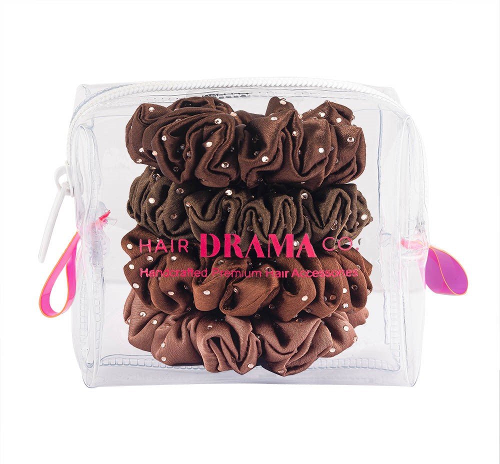 Hair Drama Co Luxury Scrunchies Set of 5 with Free Pouch - Brown Crystal Gift Set - SCN - 0127