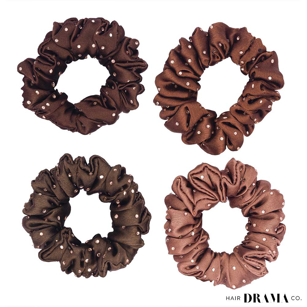 Hair Drama Co Luxury Scrunchies Set of 5 with Free Pouch - Brown Crystal Gift Set - SCN - 0127