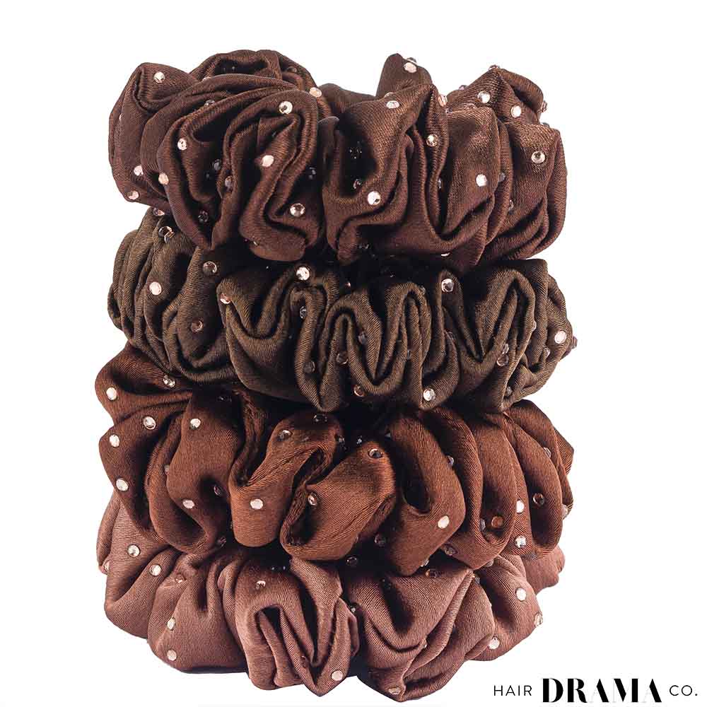 Hair Drama Co Luxury Scrunchies Set of 5 with Free Pouch - Brown Crystal Gift Set - SCN - 0127