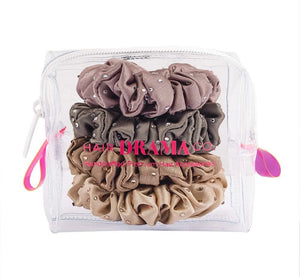 Hair Drama Co Luxury Scrunchies Set of 5 with Free Pouch - Neutral Crystal Gift Set - SCN - 0128