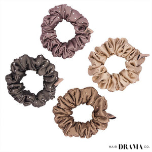 Hair Drama Co Luxury Scrunchies Set of 5 with Free Pouch - Neutral Crystal Gift Set - SCN - 0128