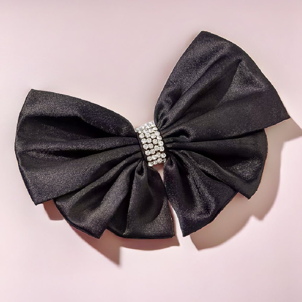 Hair Drama Co Satin Crystals Hair Bow Alligator Clip - Black - CLP - 0250