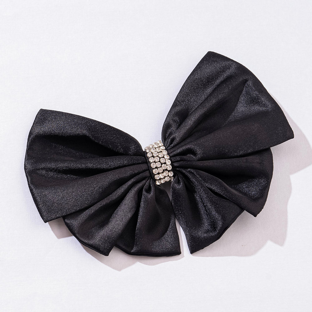 Hair Drama Co Satin Crystals Hair Bow Alligator Clip - Black - CLP - 0250