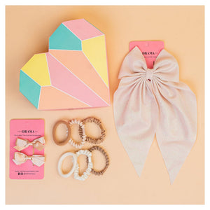 Hair Drama Co Sparkle & Shine Gift Box with 1 Shimmer Hair Bow, 2 Mini Satin Hair Bows & 6 Hair Ties - Beige - SET - 0282