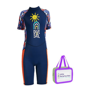Half Sleeves Kids Swimwear Navy Blue & Orange Sunshine Printed Knee Length, UPF 50+ with Free Washbag - 3 - 4 Years Swim