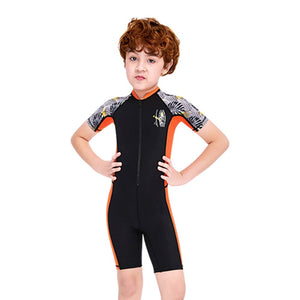 Half Sleeves Kids Swimwear Orange & Black Palm Leaves Printed Sleeves, Knee Length with UPF 50+ with Free Washbag - 3 - 4 Years Swim