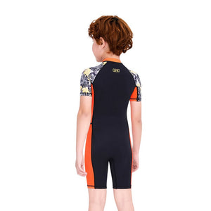 Half Sleeves Kids Swimwear Orange & Black Palm Leaves Printed Sleeves, Knee Length with UPF 50+ with Free Washbag - 3 - 4 Years Swim