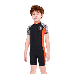 Half Sleeves Kids Swimwear Orange & Black Palm Leaves Printed Sleeves, Knee Length with UPF 50+ with Free Washbag - 3 - 4 Years Swim