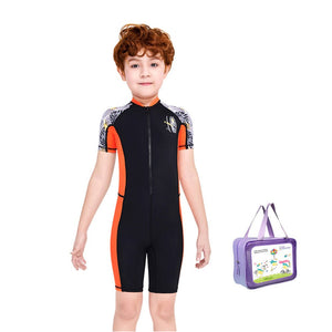 Half Sleeves Kids Swimwear Orange & Black Palm Leaves Printed Sleeves, Knee Length with UPF 50+ with Free Washbag - 3 - 4 Years Swim