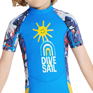 Half Sleeves Unisex Swimwear Sky Blue+Yellow Sunshine Printed Knee Length,UPF 50+ with Free Washbag - 3 - 4 Years Swim