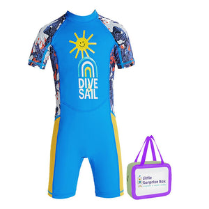 Half Sleeves Unisex Swimwear Sky Blue+Yellow Sunshine Printed Knee Length,UPF 50+ with Free Washbag - 3 - 4 Years Swim