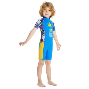 Half Sleeves Unisex Swimwear Sky Blue+Yellow Sunshine Printed Knee Length,UPF 50+ with Free Washbag - 3 - 4 Years Swim