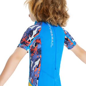 Half Sleeves Unisex Swimwear Sky Blue+Yellow Sunshine Printed Knee Length,UPF 50+ with Free Washbag - 3 - 4 Years Swim