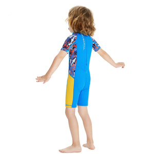 Half Sleeves Unisex Swimwear Sky Blue+Yellow Sunshine Printed Knee Length,UPF 50+ with Free Washbag - 3 - 4 Years Swim