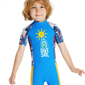 Half Sleeves Unisex Swimwear Sky Blue+Yellow Sunshine Printed Knee Length,UPF 50+ with Free Washbag - 3 - 4 Years Swim