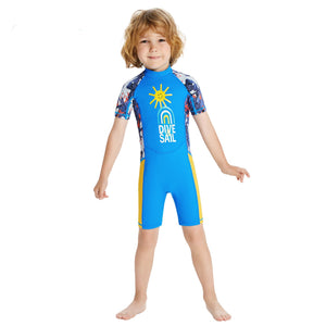 Half Sleeves Unisex Swimwear Sky Blue+Yellow Sunshine Printed Knee Length,UPF 50+ with Free Washbag - 3 - 4 Years Swim