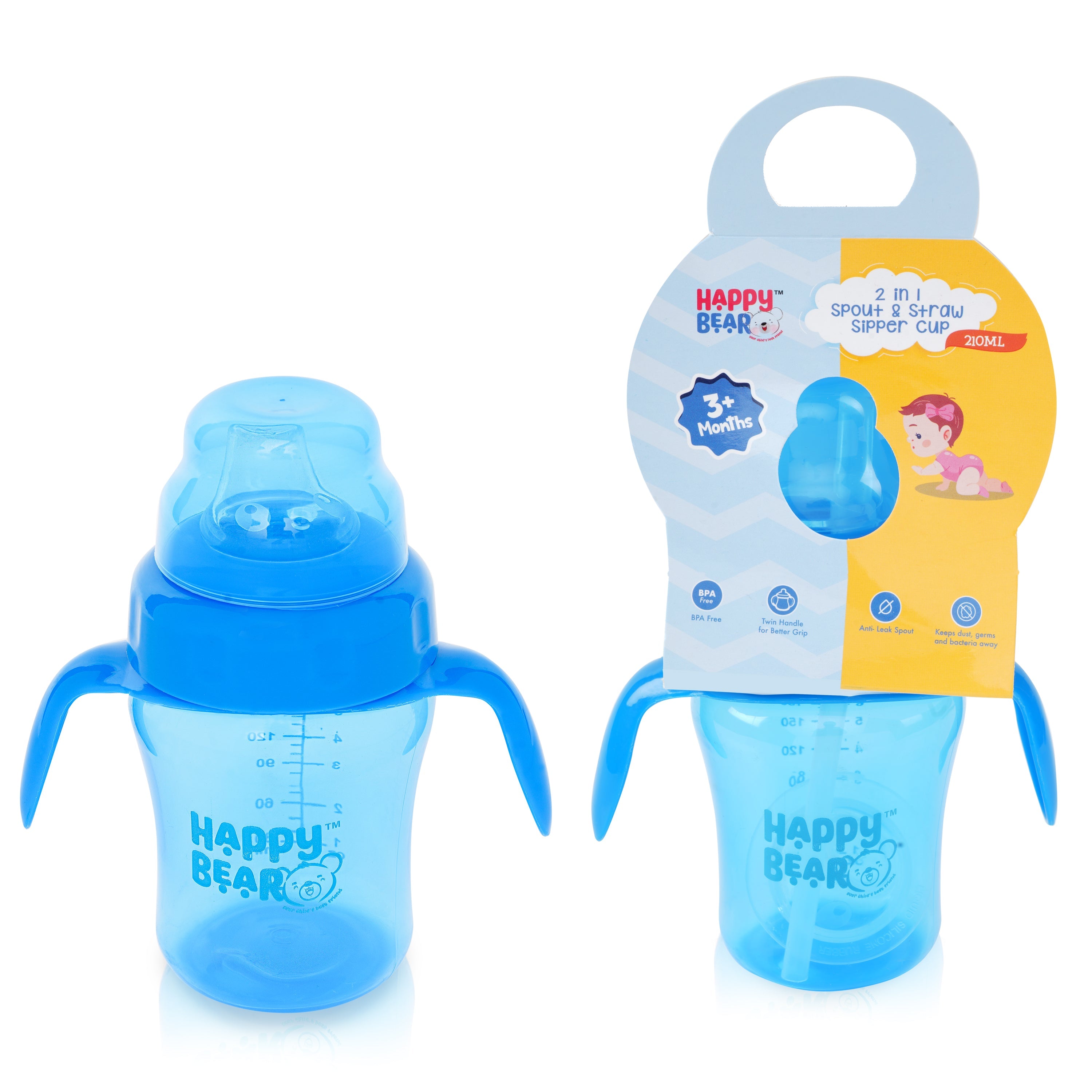 Happy Bear 2 in 1 Spout and Straw Sipper 210ml - HBM_2in1 Spout_Blue