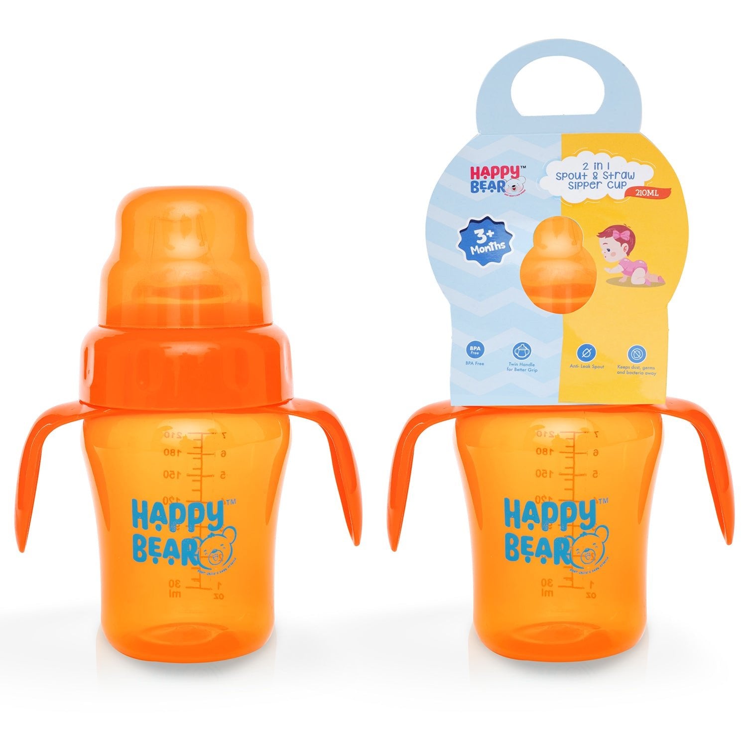 Happy Bear 2 in 1 Spout and Straw Sipper 210ml - HBM_2in1 Spout_Orange