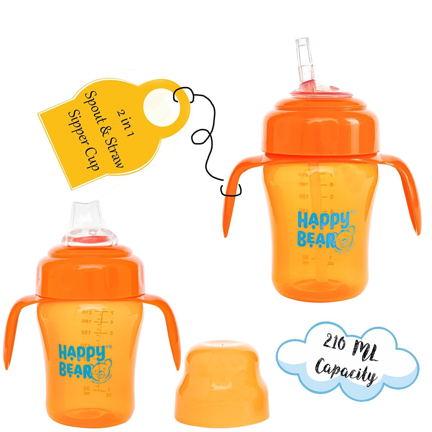 Happy Bear 2 in 1 Spout and Straw Sipper 210ml - HBM_2in1 Spout_Orange