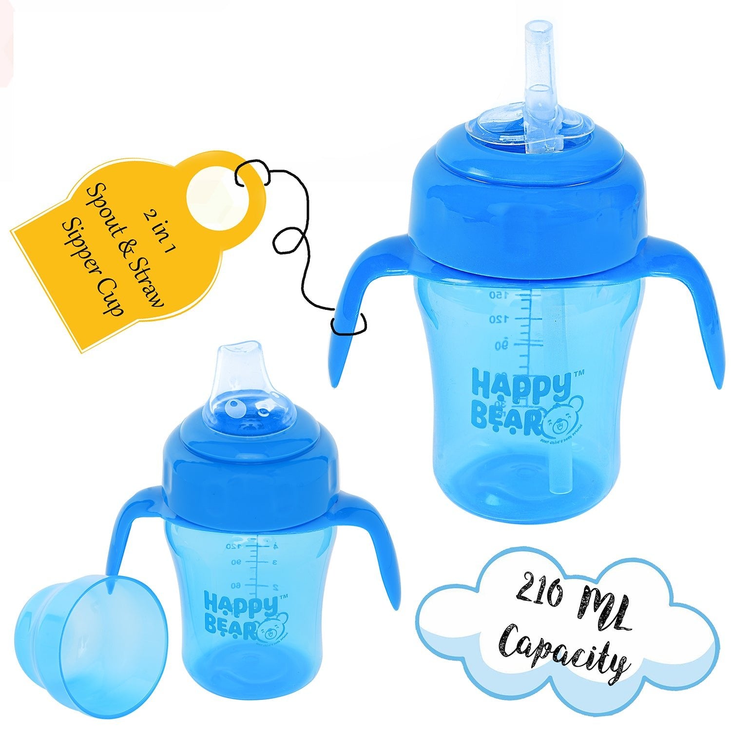 Happy Bear 2 in 1 Spout and Straw Sipper 210ml - HBM_2in1 Spout_Blue