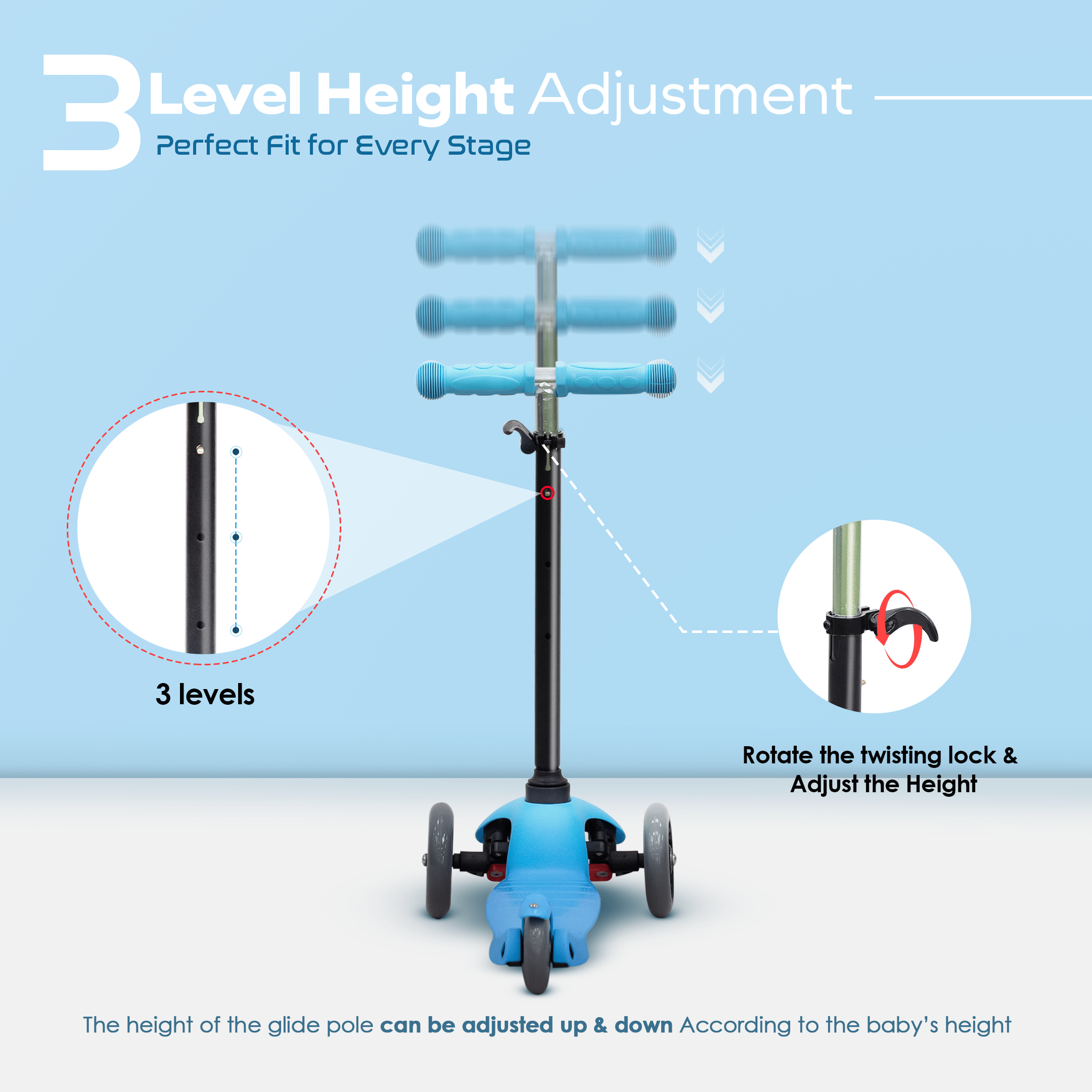 Happy Bear Kick Scooter with 3 Adjustable Height and Rear Brake - HBM_Glide_Blue