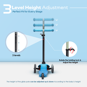 Happy Bear Kick Scooter with 3 Adjustable Height and Rear Brake - HBM_Glide_Blue