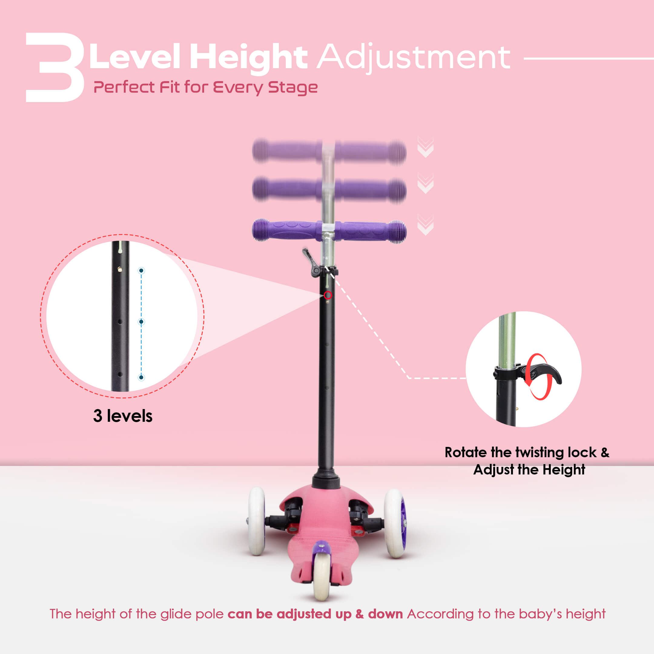 Happy Bear Kick Scooter with 3 Adjustable Height and Rear Brake - HBM_Glide_Pink