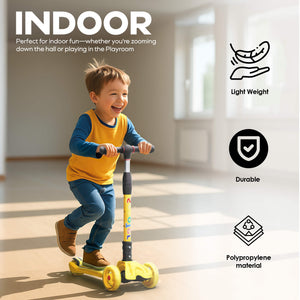 HAPPY BEAR - Kick Scooter with Adjustable Handlebar, LED PU Wheels with Brake - HBM_freewheel_yellow