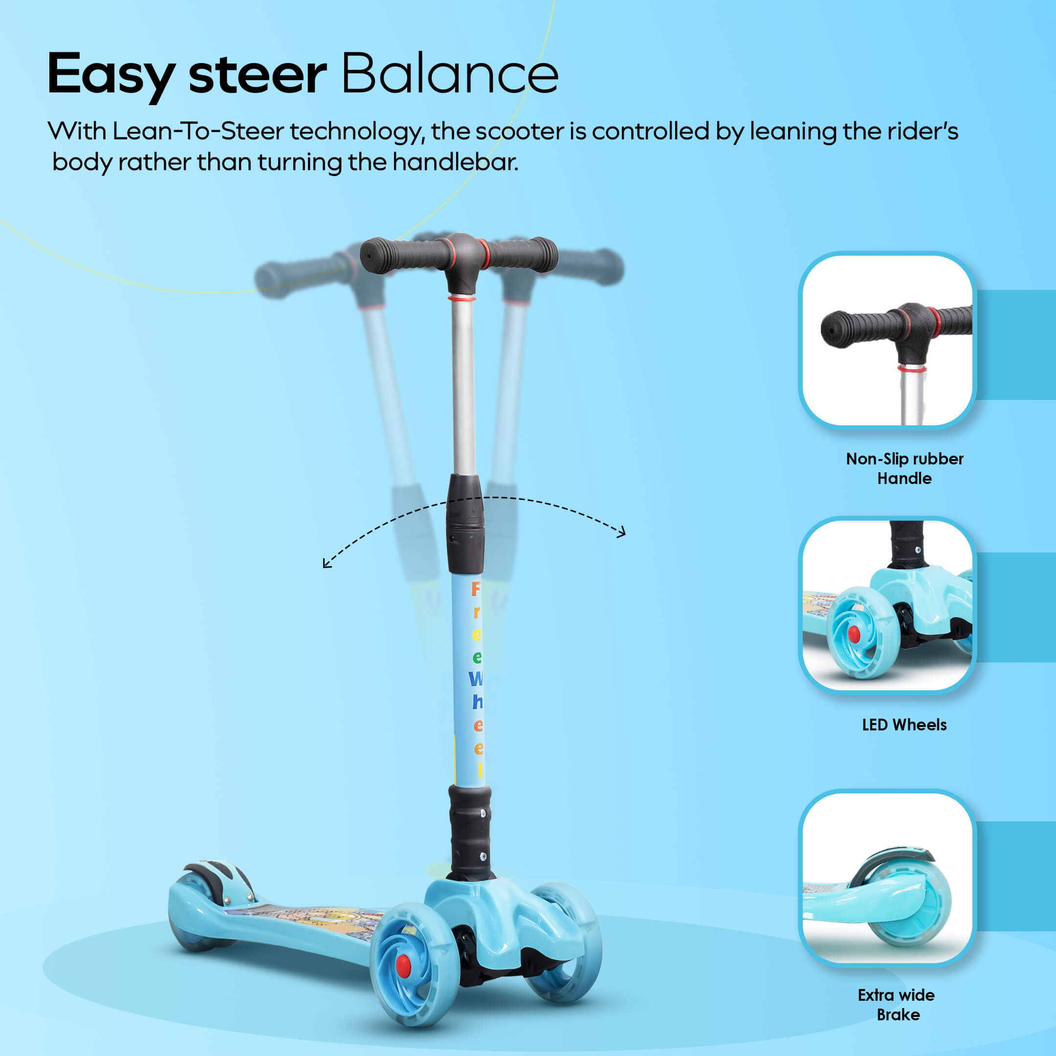 HAPPY BEAR - Kick Scooter with Adjustable Handlebar, LED PU Wheels with Brake - HBM_freewheel_blue