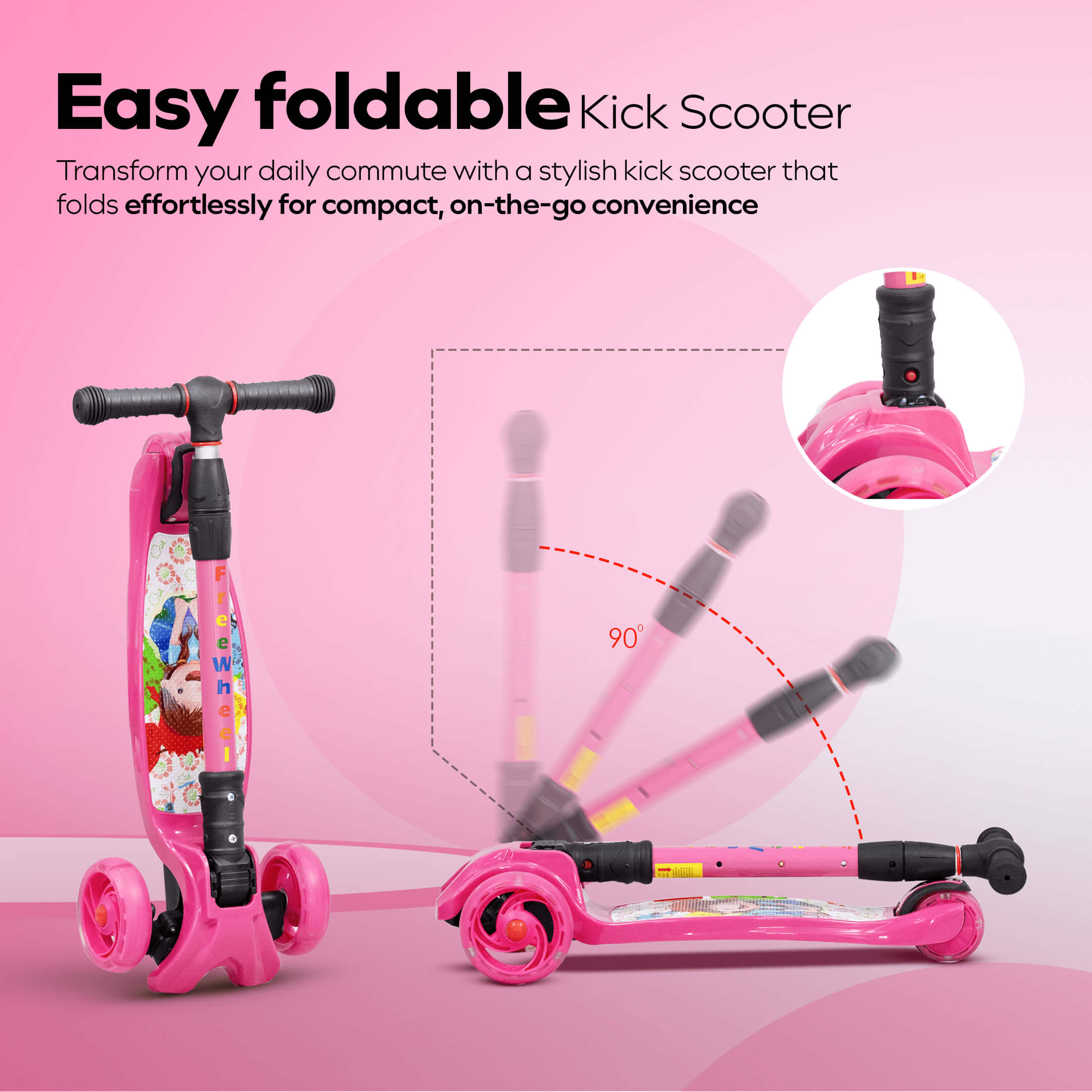 HAPPY BEAR - Kick Scooter with Adjustable Handlebar, LED PU Wheels with Brake - HBM_freewheel_pink