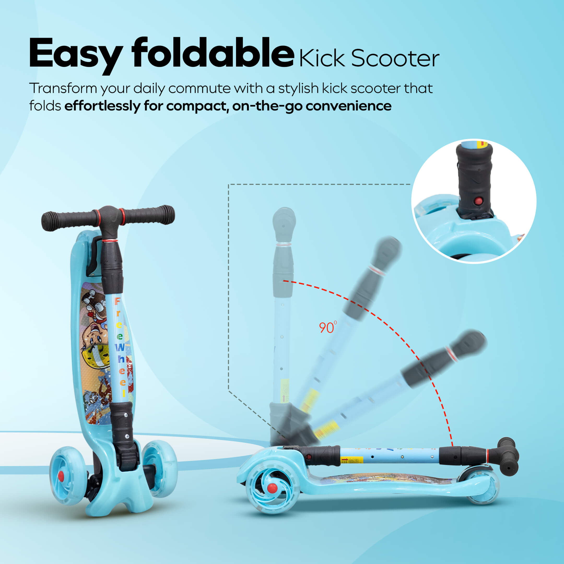 HAPPY BEAR - Kick Scooter with Adjustable Handlebar, LED PU Wheels with Brake - HBM_freewheel_blue