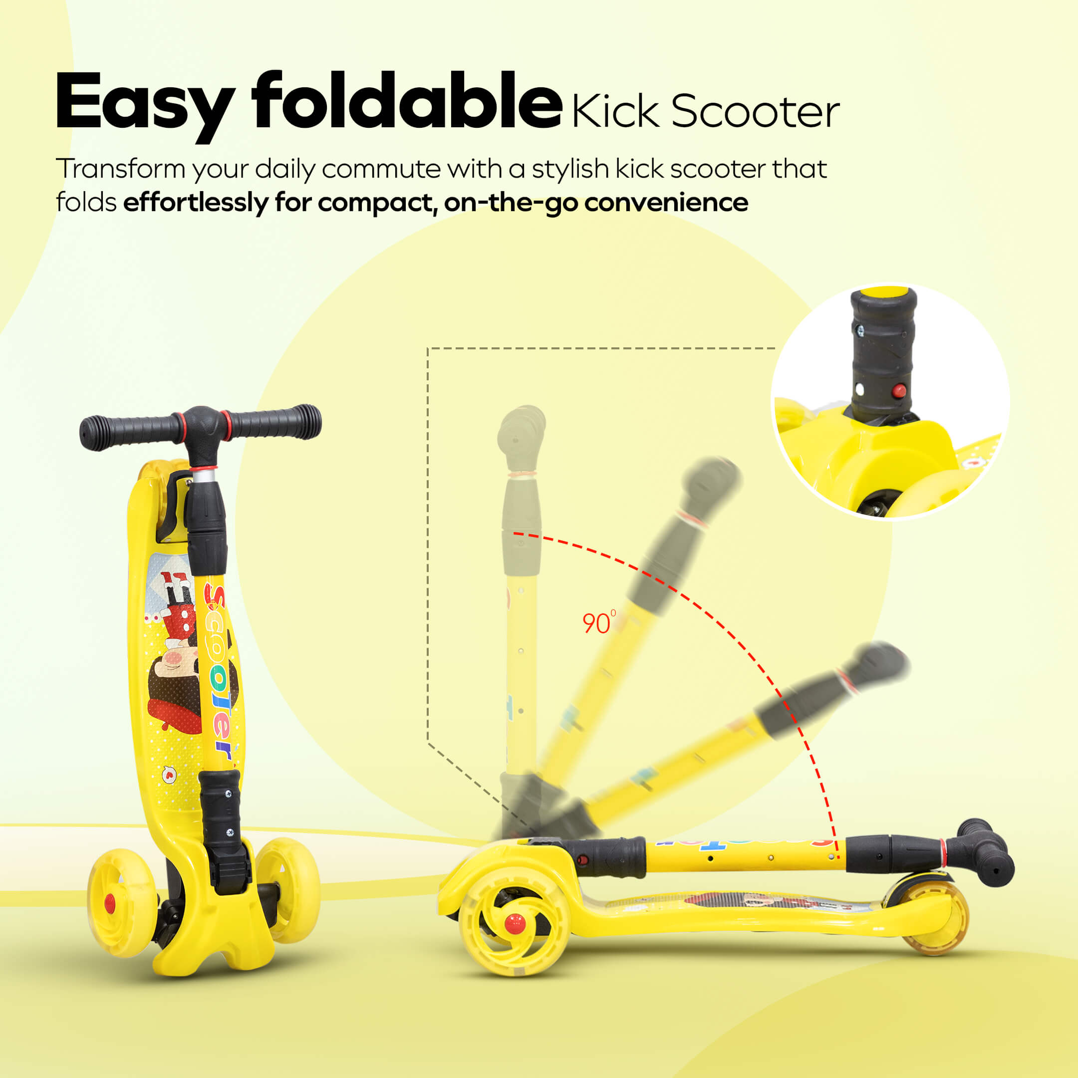 HAPPY BEAR - Kick Scooter with Adjustable Handlebar, LED PU Wheels with Brake - HBM_freewheel_yellow